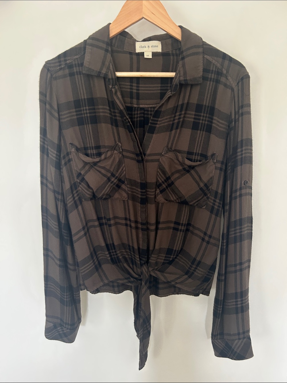Cloth & Stone Green and Black Plaid Tie-Front Button Shirt - Picture 2 of 9